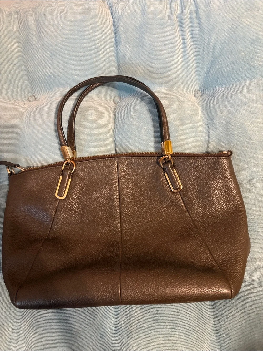 COACH Pebbled Leather Dark Brown Kelsey Satchel Purse with Gold Hardware
